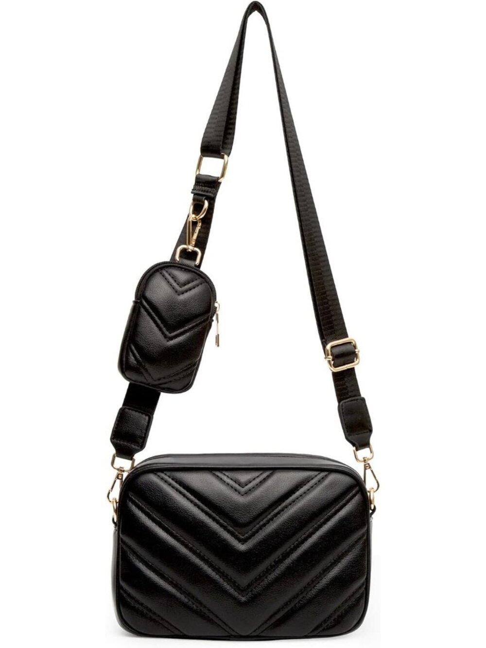 Women's Black Vegan Leather Quilted Small Coin Pouch Strap Crossbody Bag